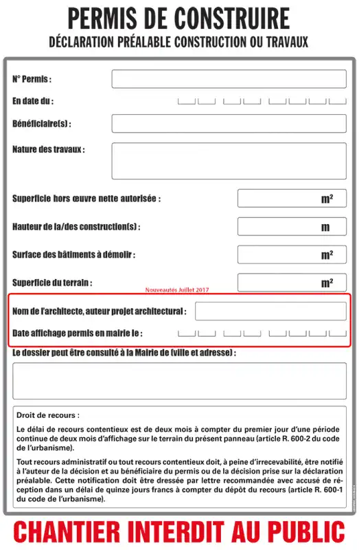 Panneau permis de construire déclaration préalable juillet 2017