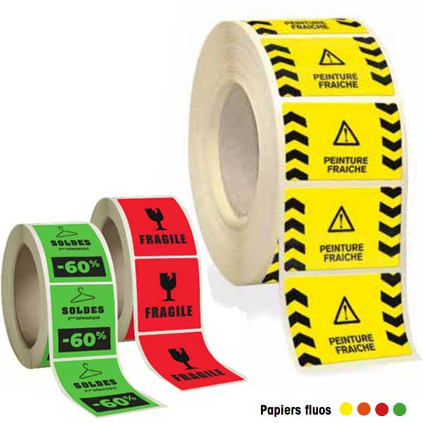 Etiquette papier fluo jaune, orange, rouge, vert personnalisée flashy