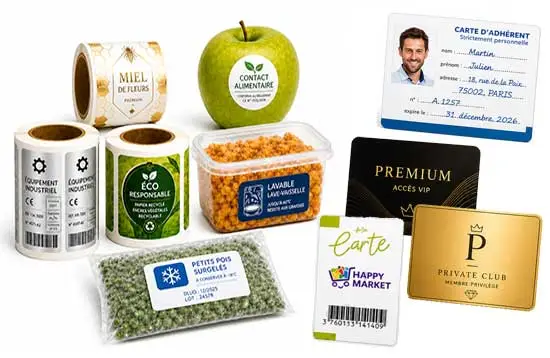 Étiquettes techniques en rouleau et cartes PVC personnalisées pour identification et sécurité